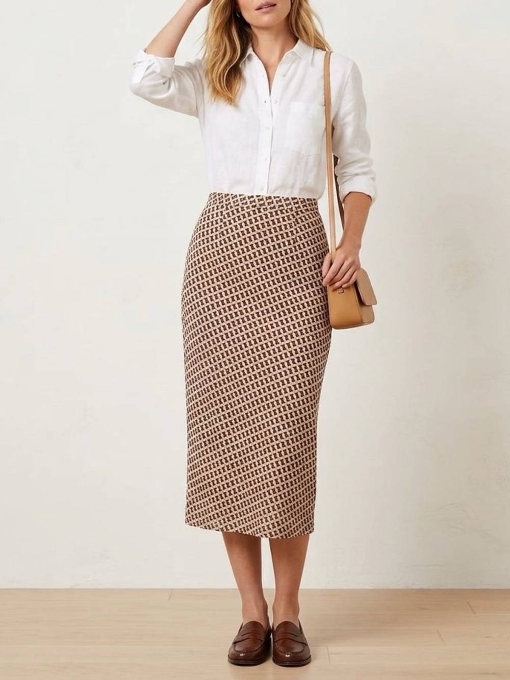 Night Studio NY Brown Cream Optical Illusion Mod Column Midi Skirt Size 8 VTG
